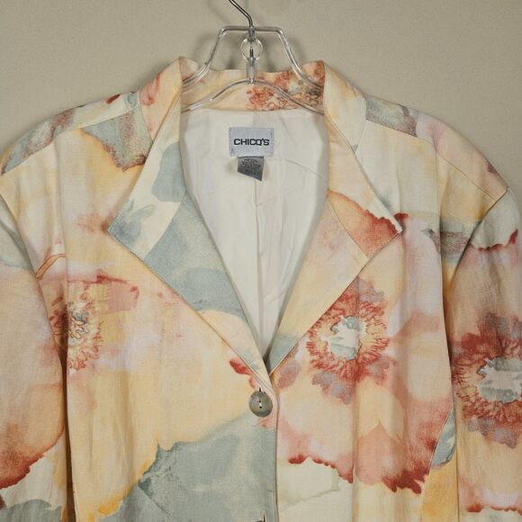 VTG Chicos 3 Linen Blend Floral Watercolor Blazer Lagenlook Pastel Art Jacket 16 - Picture 4 of 10